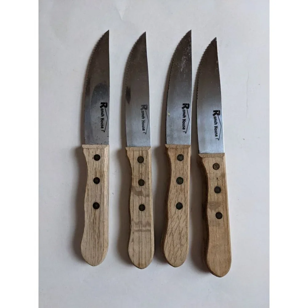 Vintage Ranch House steak knife set of‎ 4 wood handles  stainless